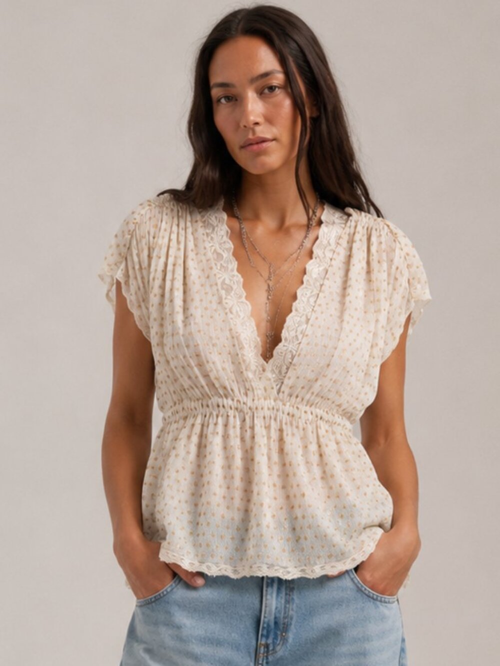 FREE PEOPLE GOLD STAR AND LACE BLOUSE